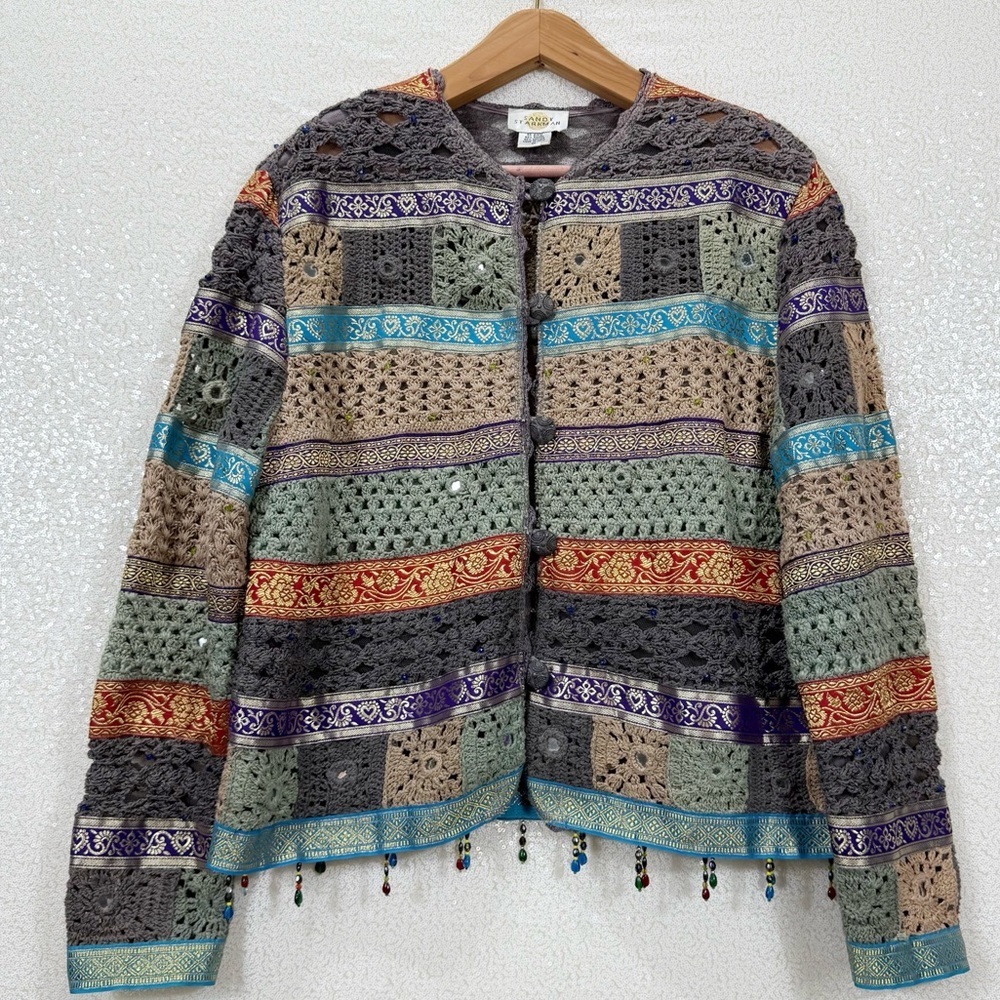 🪡 Sandy Starkman Crochet Patchwork Boho Jacket – Beaded Hem, Medium